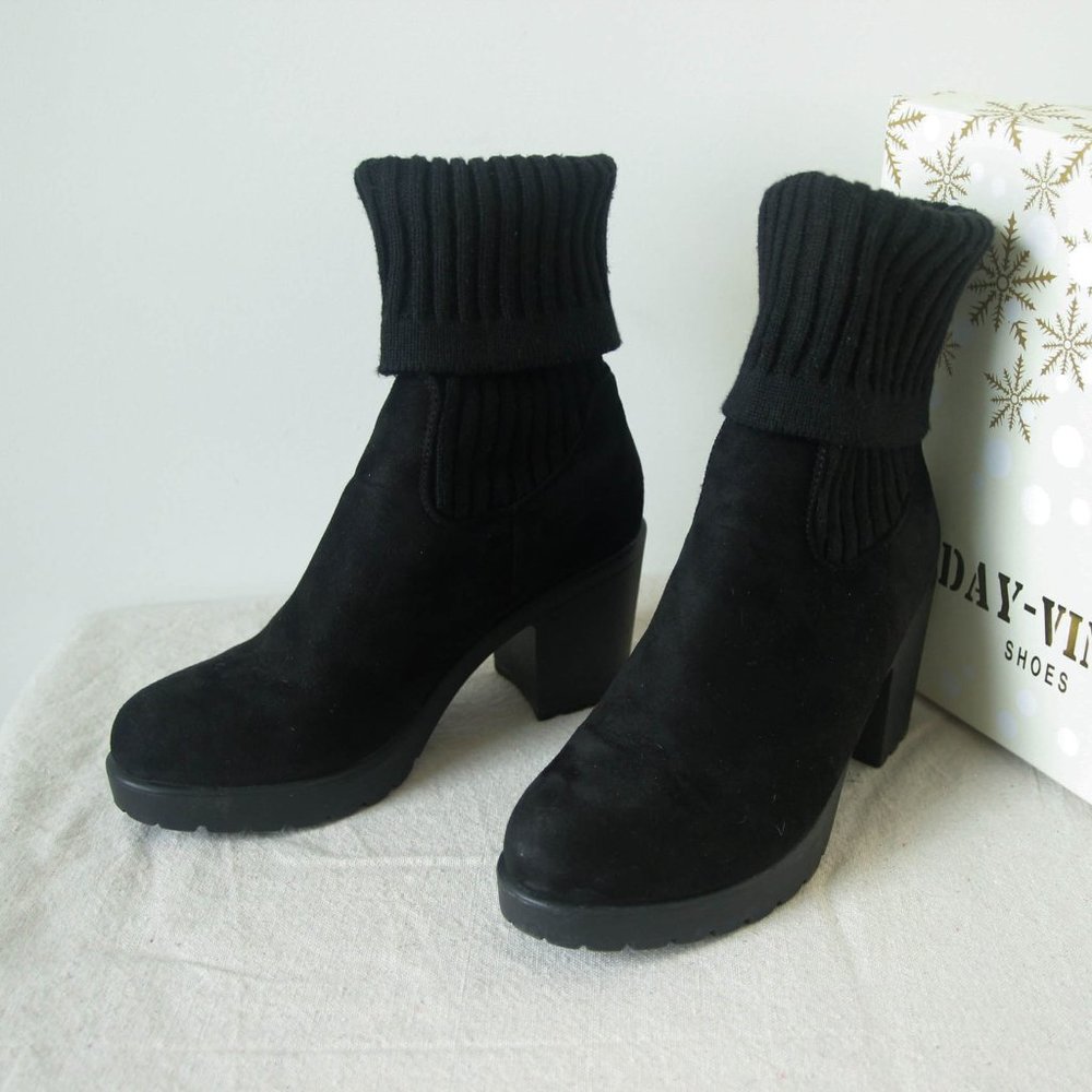 Knit Cuff Suede Heeled Boots from NastyGal